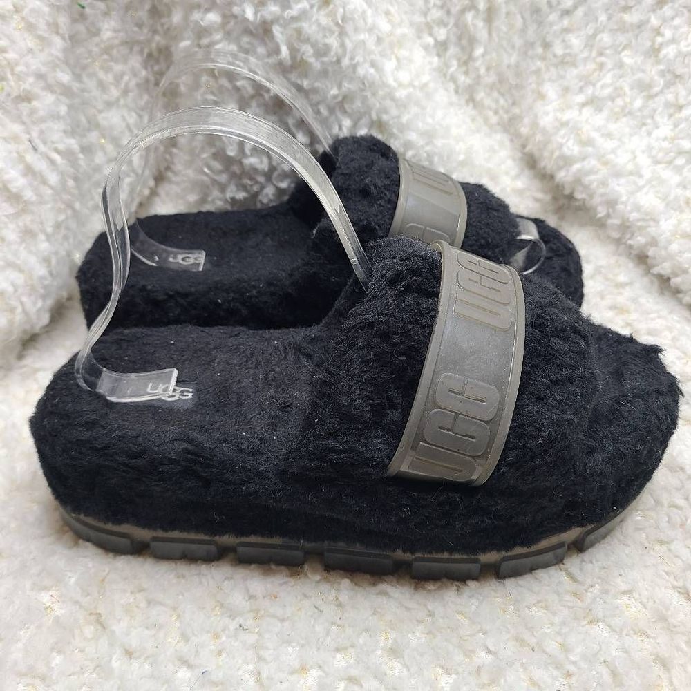 UGG Australia Fluffita Clear Sole Black Fuzzy Platform Slide Sandals size 9